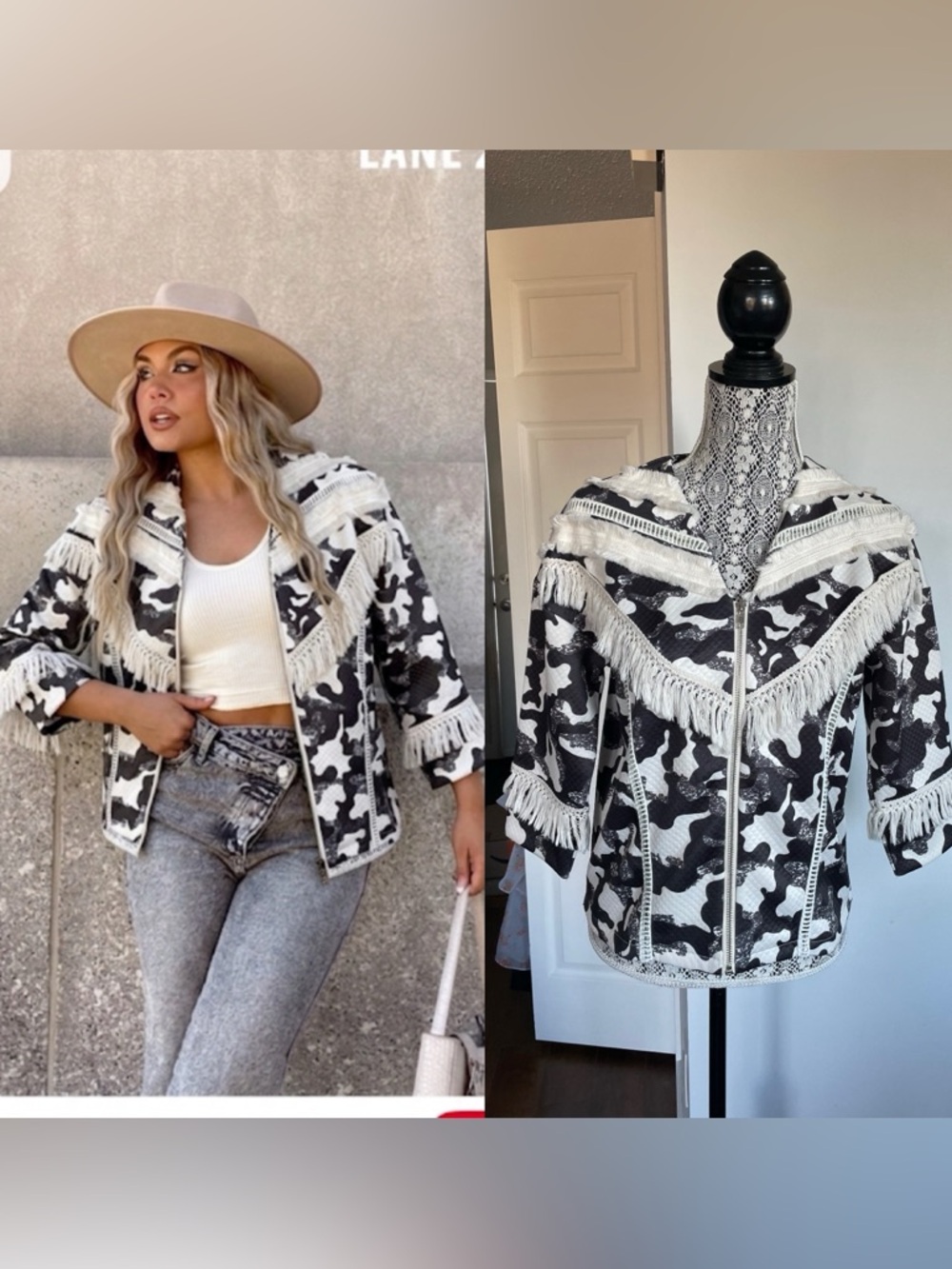 Anthropologie Boho Camo Western Cow Print Fringe Zip Up Jacket. Small.